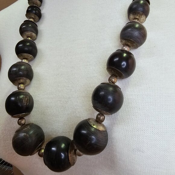 Vintage Chunky Dark Wood & Metal Bead Necklace - Picture 3 of 8